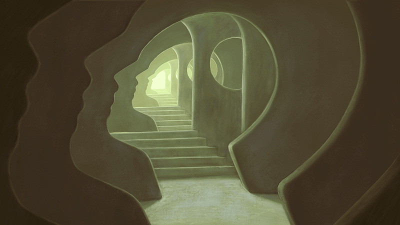 Artistic representation of a hallway with walls in the shape of a human head